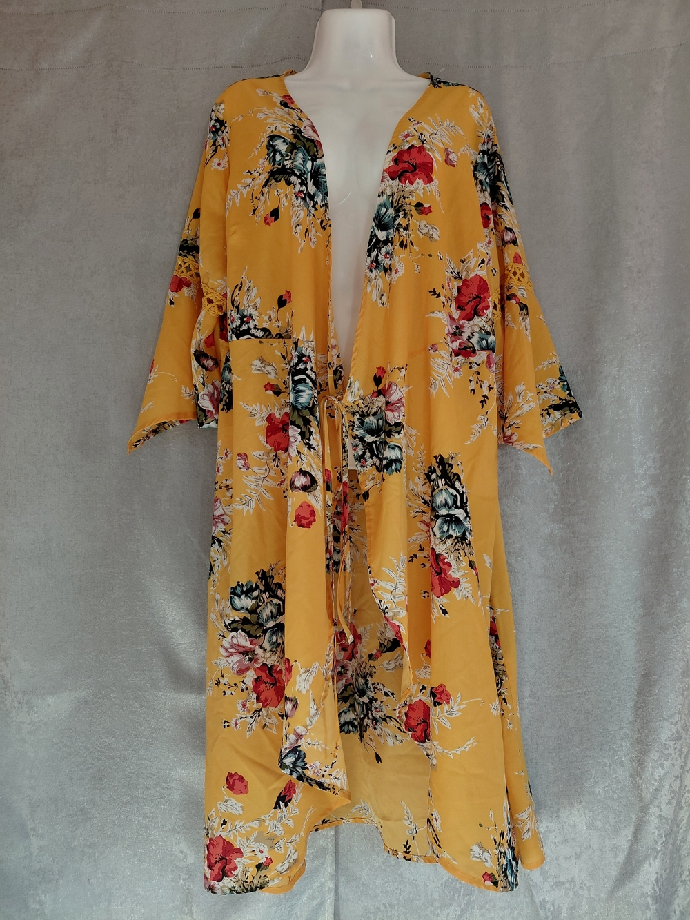 Bohemian Yellow Floral Open Front Maxi Duster Kimono Wrap - 2XL